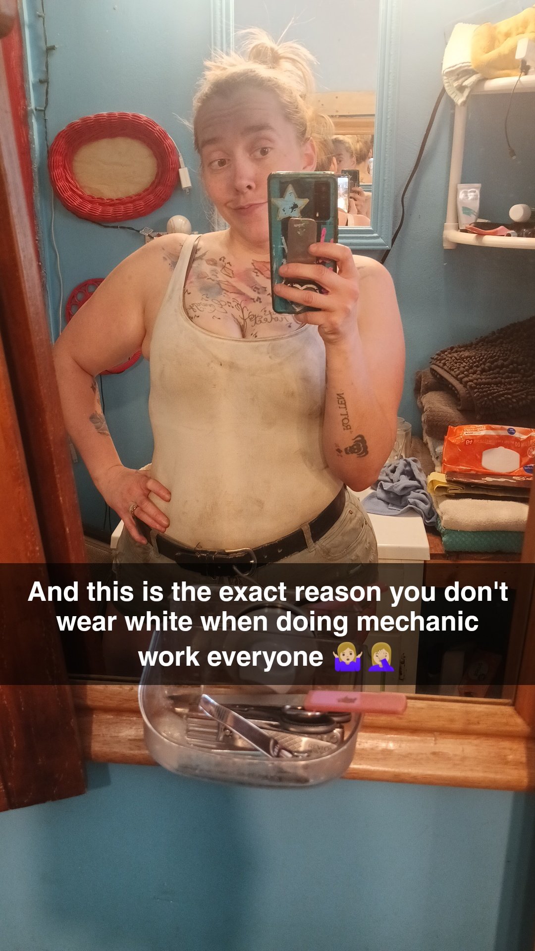 Amy after a day of mechanic work